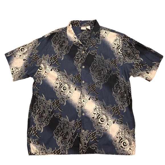 Other - Y2K Utility Dragon Button Up Shirt XL Blue Cotton Rayon Asian Graphic